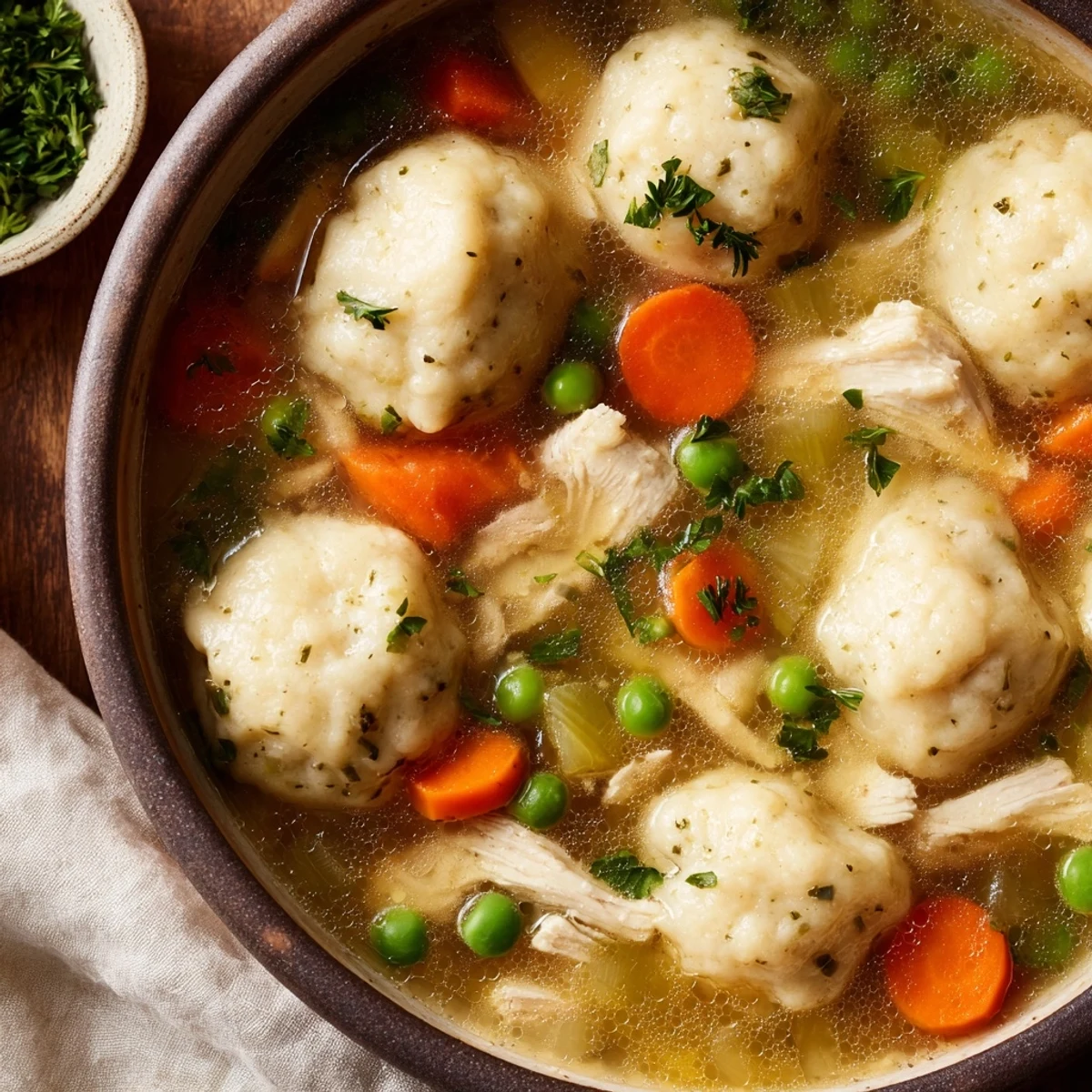 Close-up of One Pot Chicken Dumpling Soup showing pillowy dumplings, chicken pieces, and vibrant vegetables.