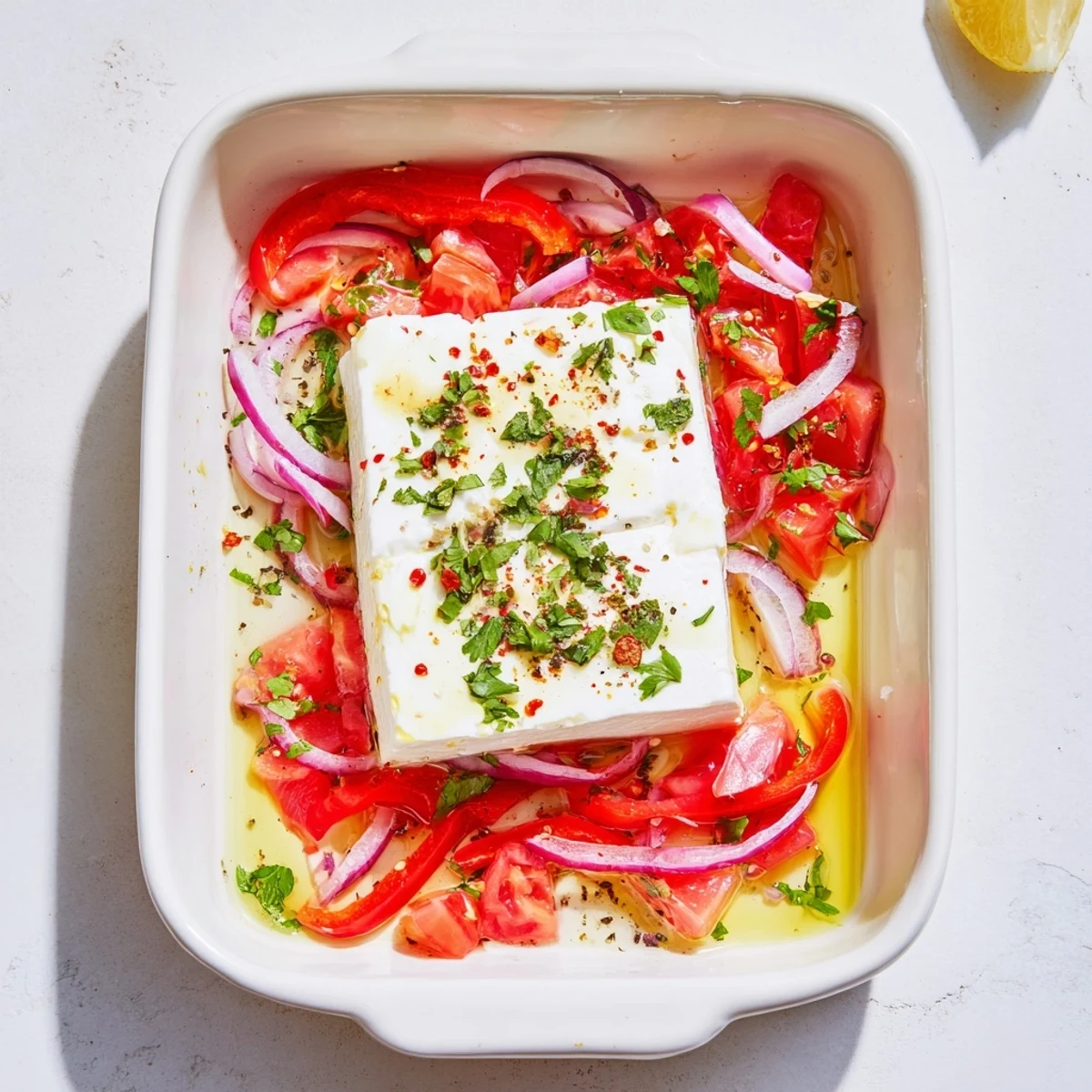 Spicy baked feta with bubbly olive oil, vibrant red tomatoes, and onions in a rustic baking dish.