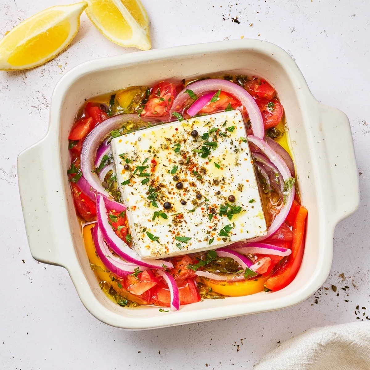 Creamy baked feta surrounded by roasted tomatoes and peppers, garnished with fresh parsley and lemon wedges.