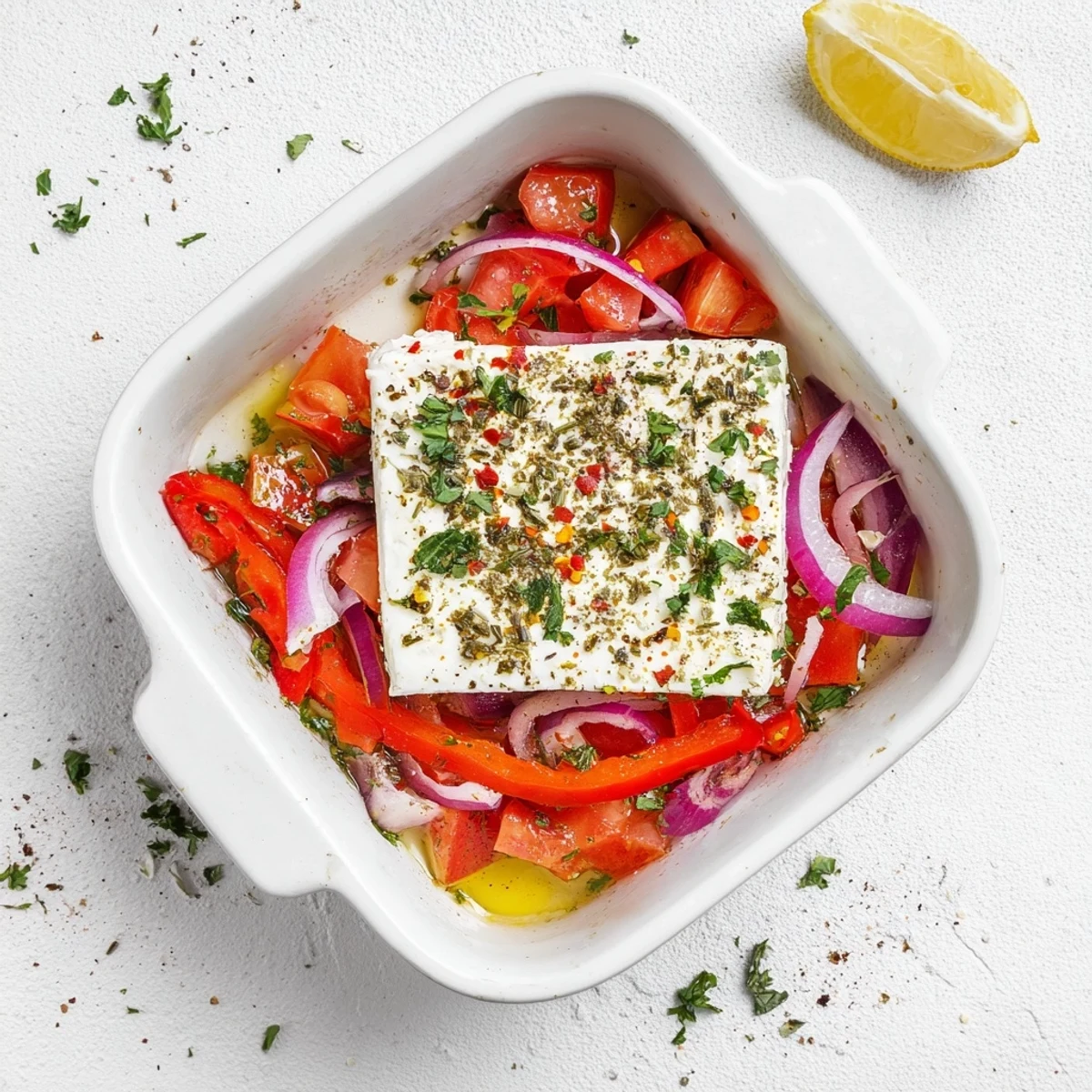 Golden baked feta topped with charred tomatoes and peppers, served warm with crusty bread for dipping.