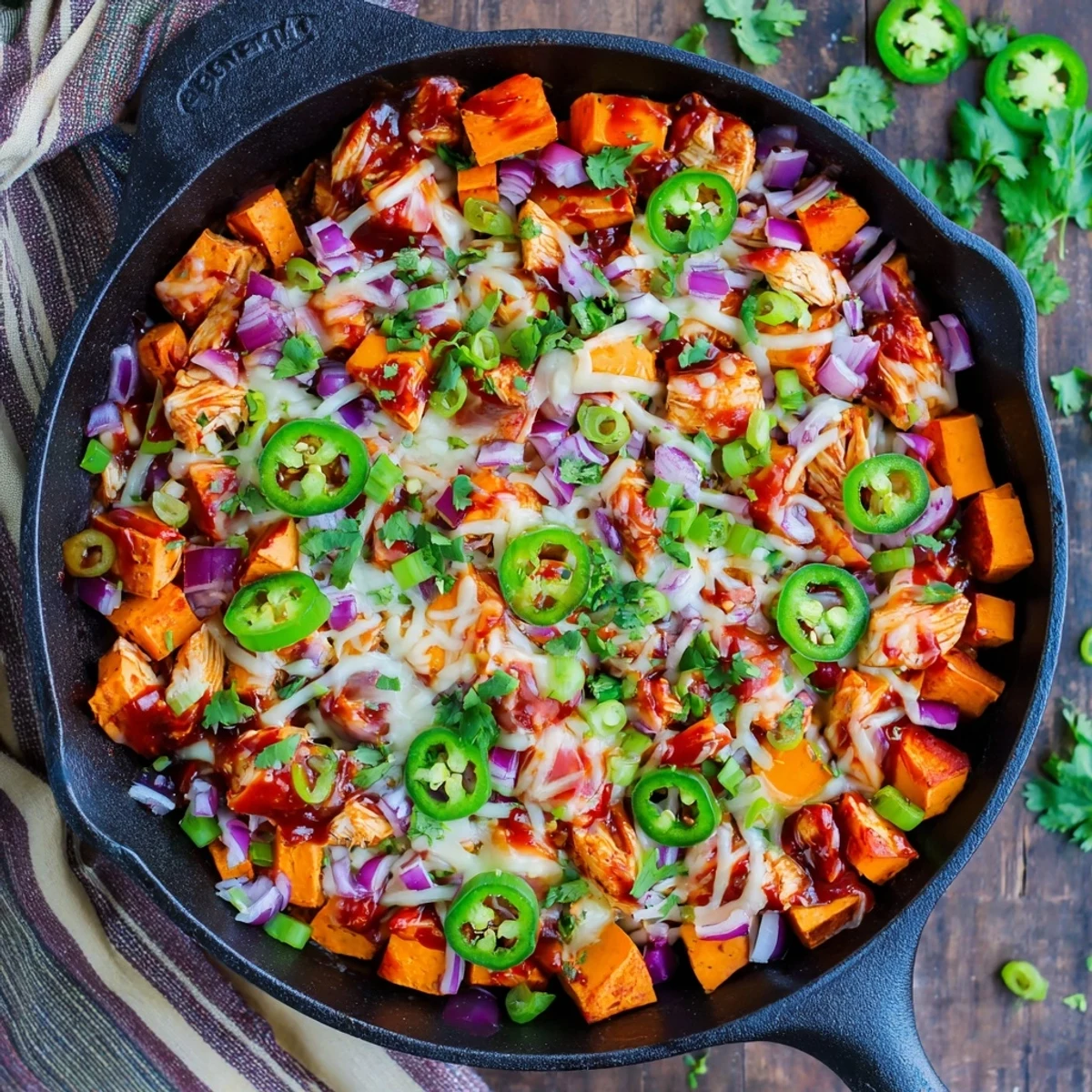 Golden melted cheddar and mozzarella blanket the Sweet Potato Skillet with BBQ Chicken & Cheese, served in a cast-iron pan.