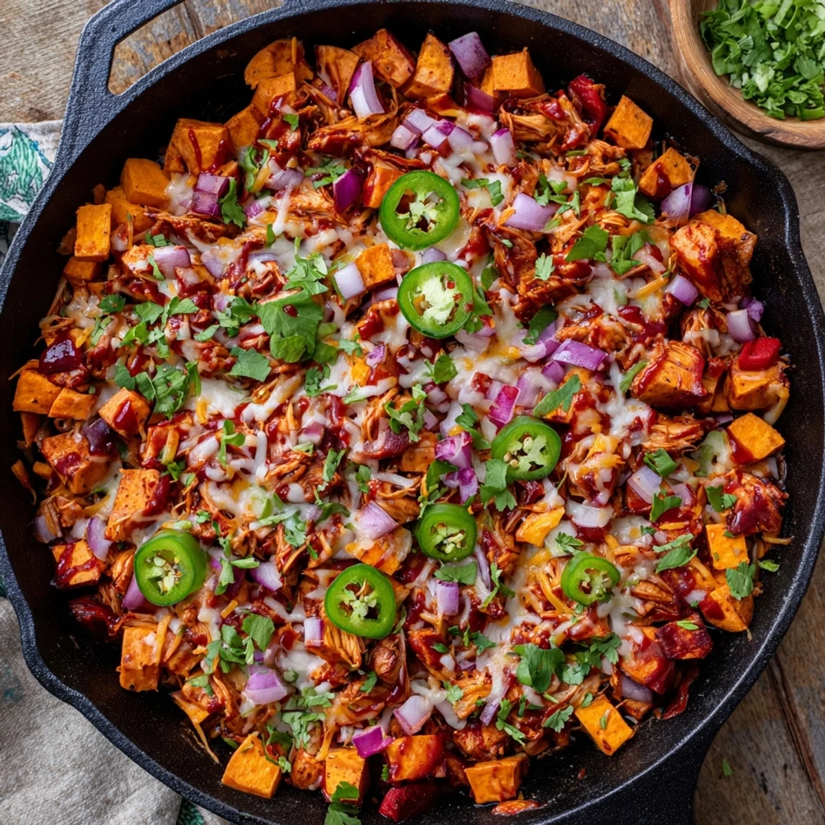 A close-up shows the bubbling cheese and colorful veggies in this gluten-free Sweet Potato Skillet with BBQ Chicken & Cheese.