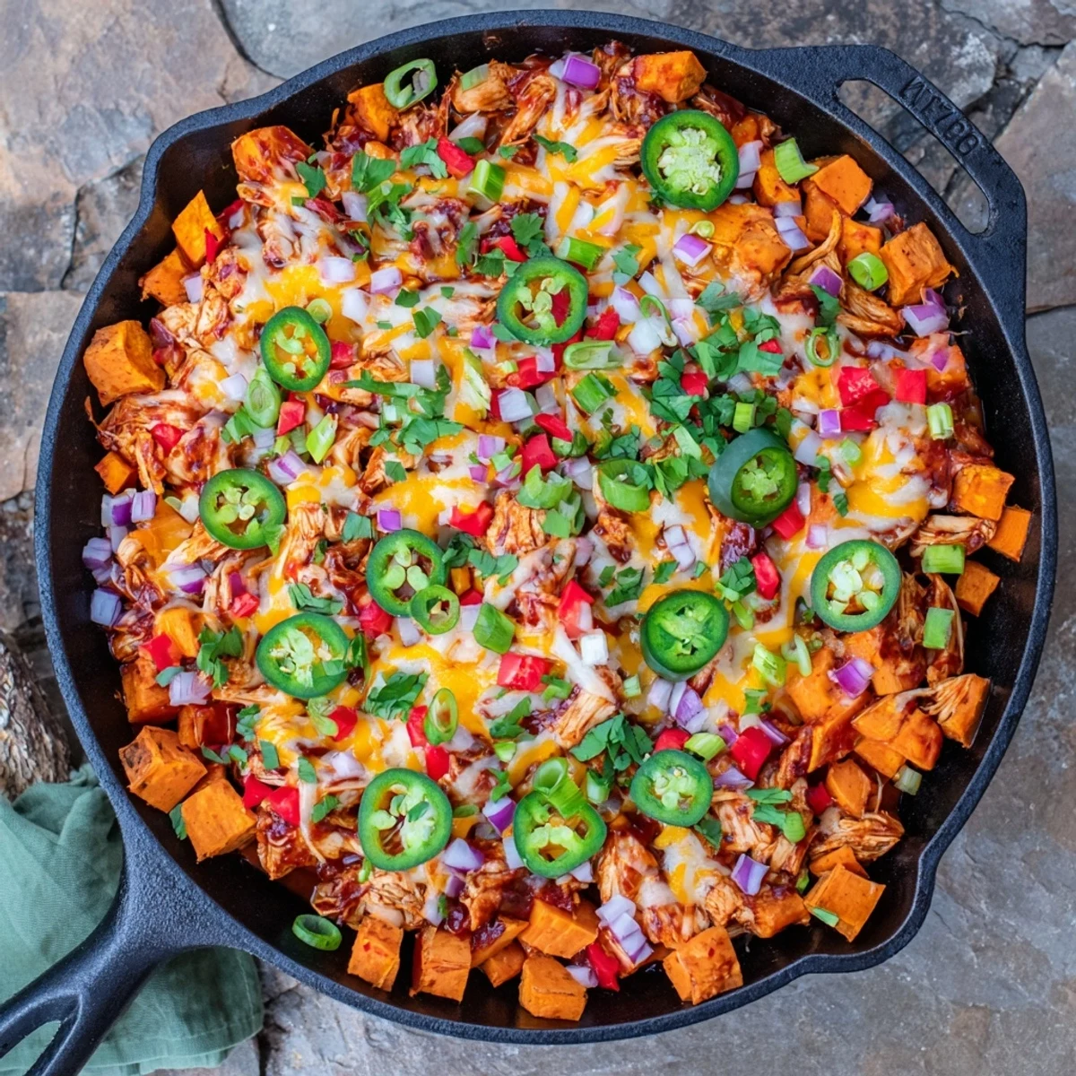 This comforting American dinner features tender sweet potatoes and smoky chicken, garnished with fresh green onions and jalapeños.