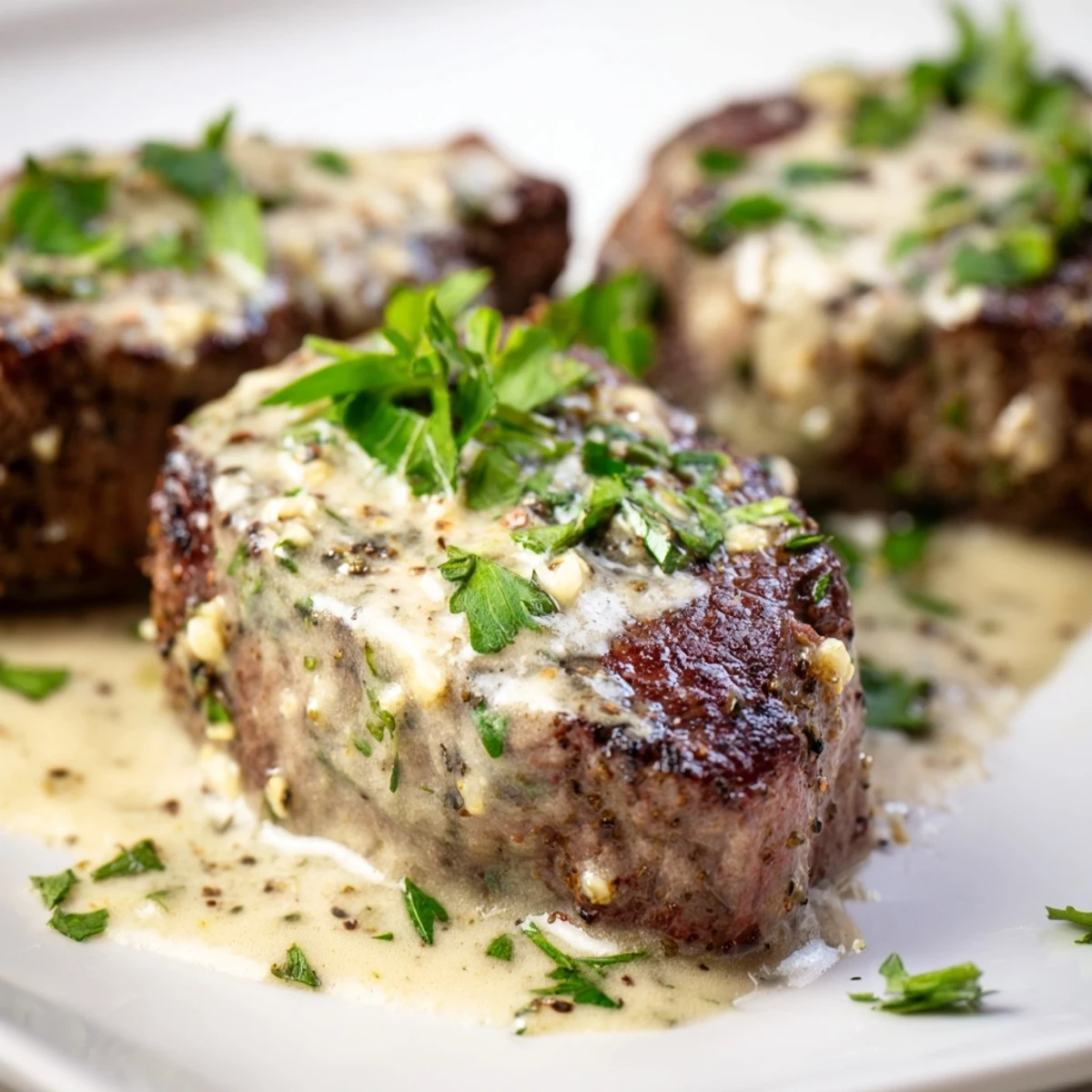 Juicy Garlic Butter Steak With Parmesan Cream Sauce sits on a plate beside roasted potatoes and green beans.