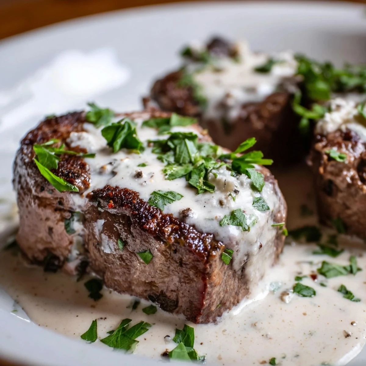 Garlic Butter Steak With Parmesan Cream Sauce plated for dinner, topped with creamy sauce and a pat of butter.