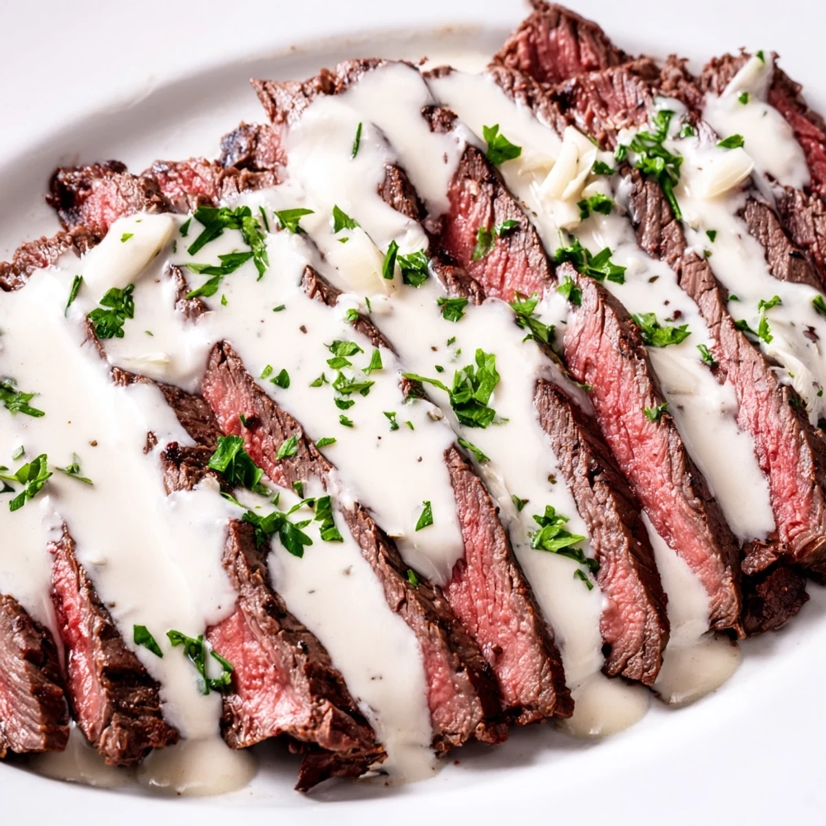 Sizzling flank steak with roasted garlic sauce prepared in an ovenproof skillet, highlighting the rich aroma of roasted garlic and seared meat.