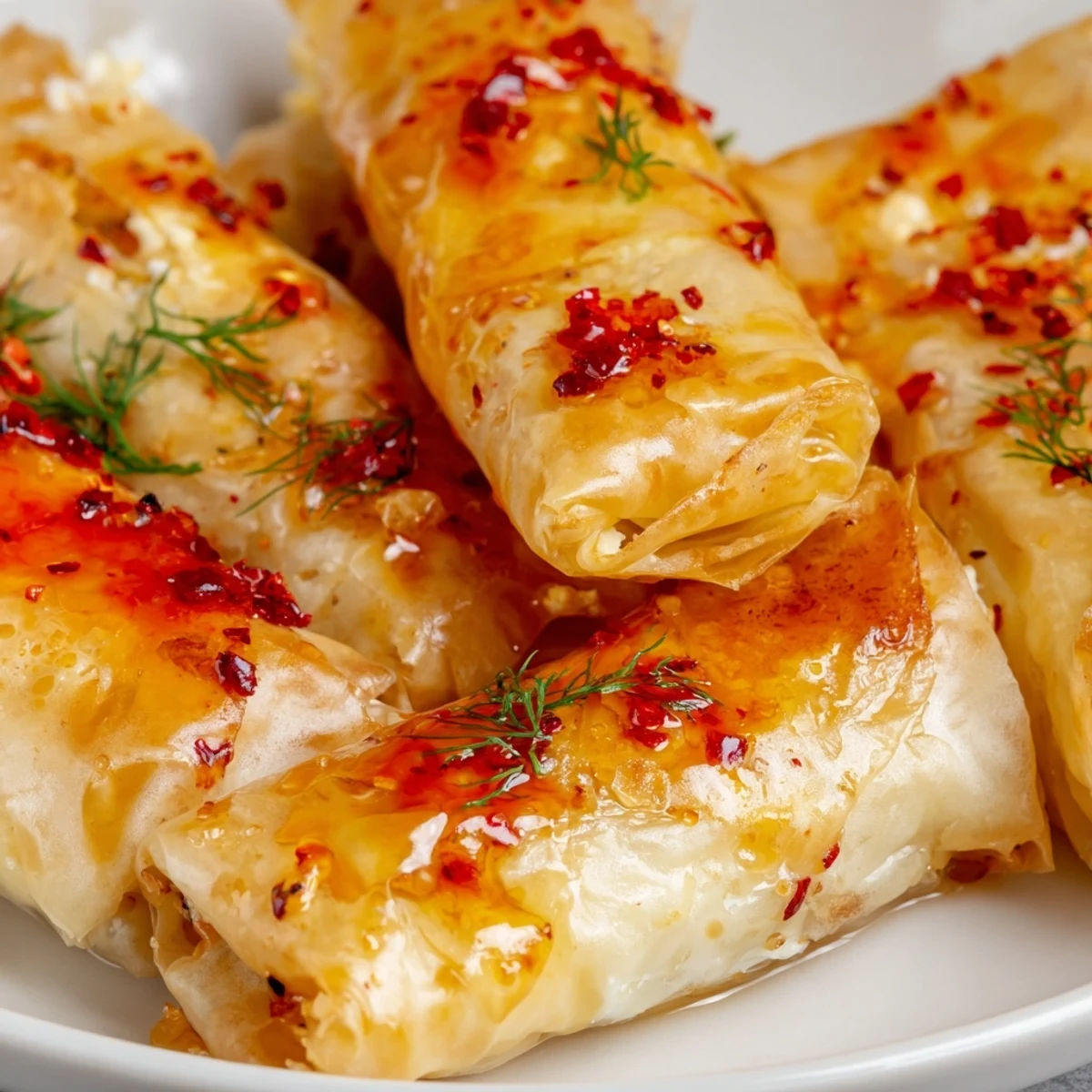 A close-up of Oven Fried Feta Rolls with Spicy Chili Honey, revealing creamy feta and herbs inside the crispy, golden rolls.