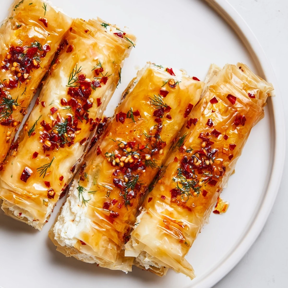 Oven Fried Feta Rolls with Spicy Chili Honey served on a rustic wooden board, garnished with fresh dill and a warm honey drizzle.