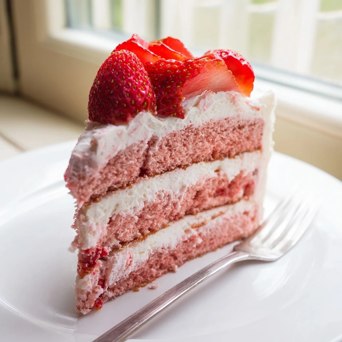 A slice of Strawberry Velvet Cake decorated with halved fresh strawberries on a plate.