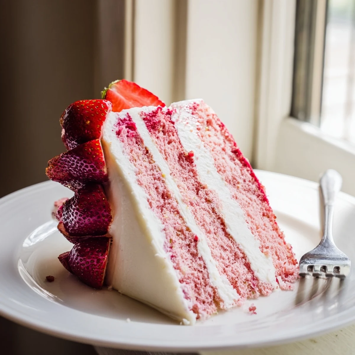 Golden-brown Strawberry Velvet Cake layers with smooth cream cheese frosting and visible strawberry seeds.
