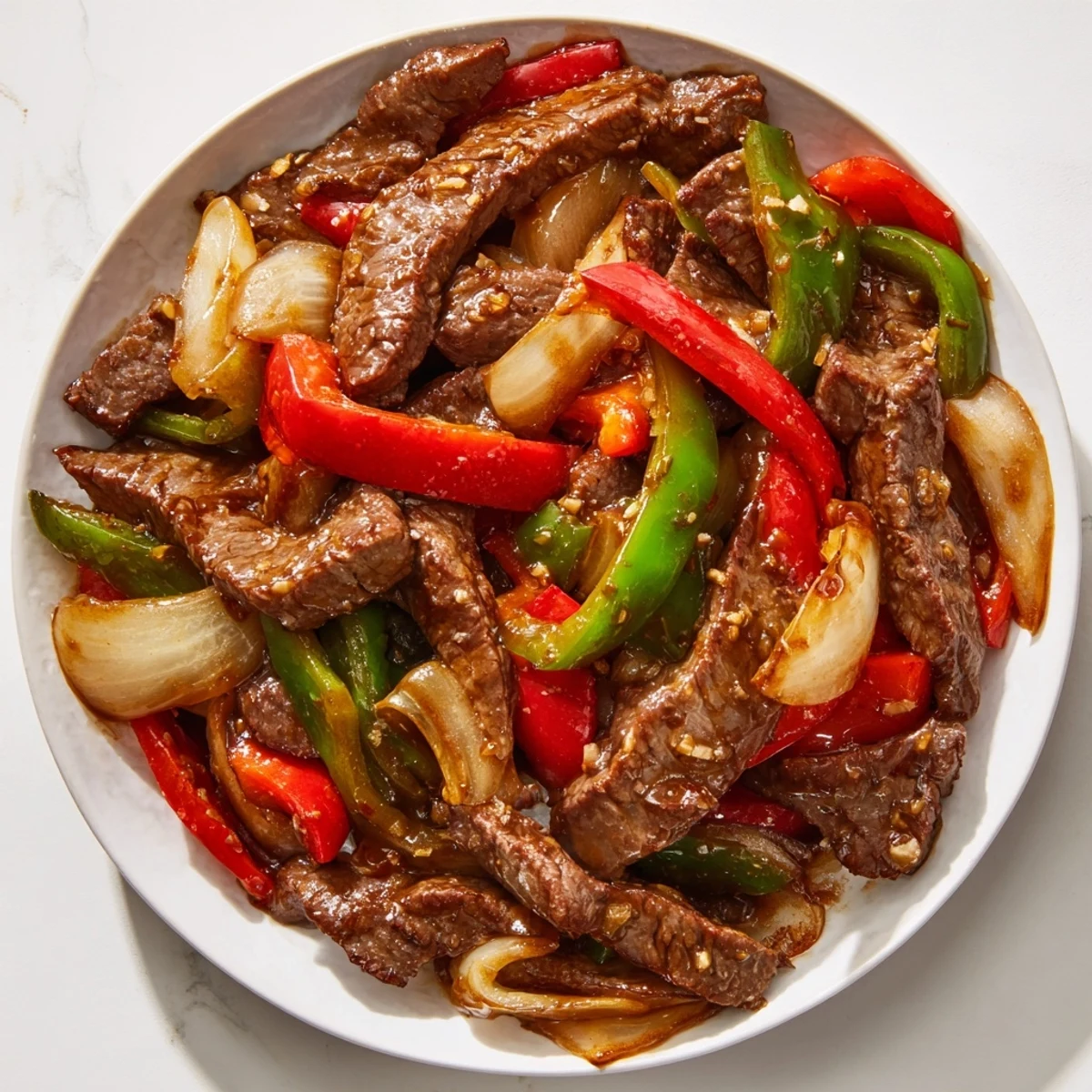 Close-up of Sizzling Chinese Pepper Steak With Onions glistening with savory sauce and fresh cracked pepper.