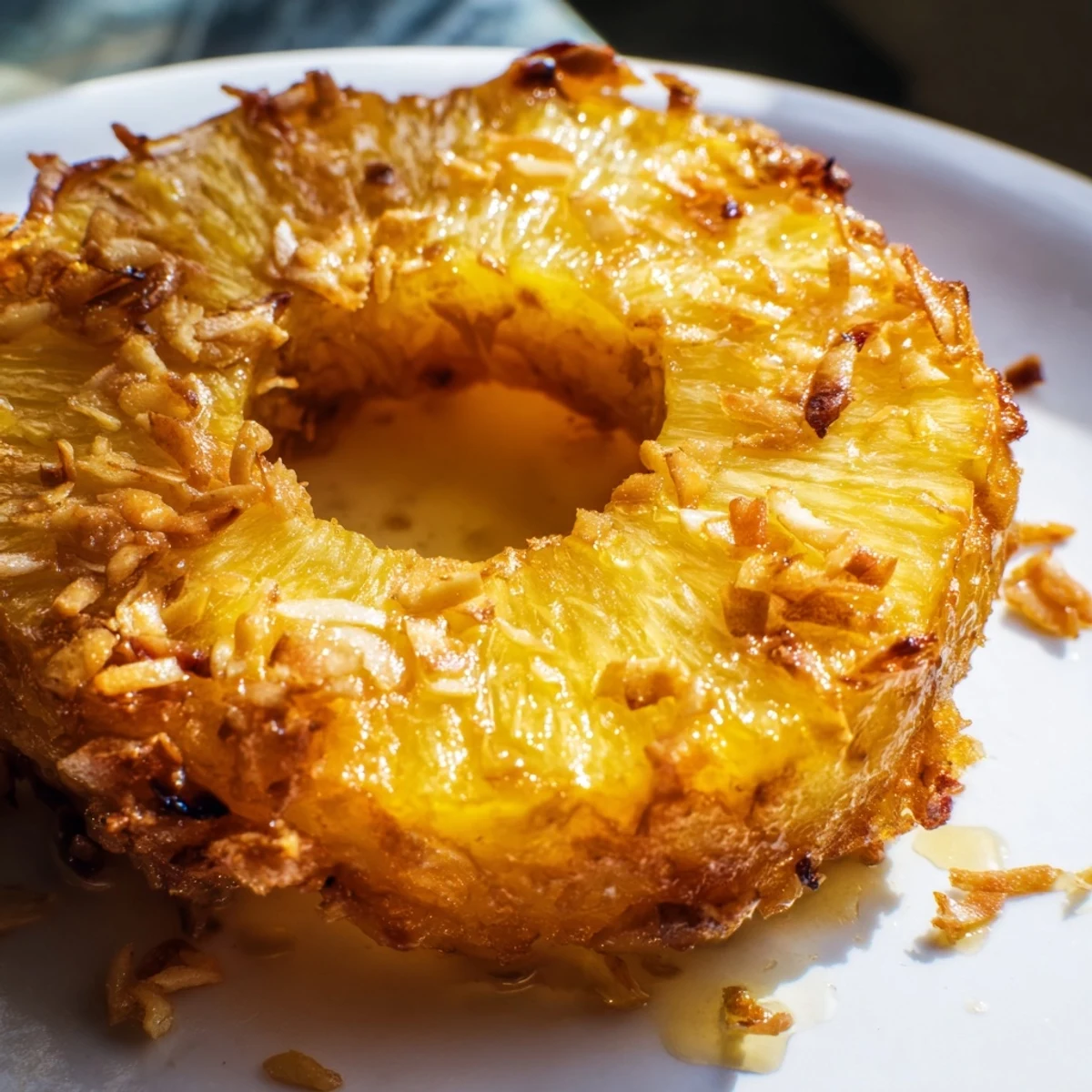 Freshly fried pineapple rings in a light cinnamon batter, served warm on a rustic wooden table with a drizzle of honey.