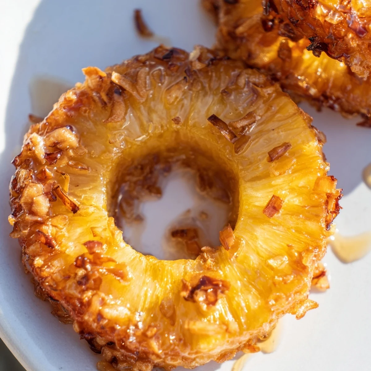 Tropical Fried Pineapple dessert drizzled with maple syrup and topped with toasted coconut, perfect for a sweet summer treat.