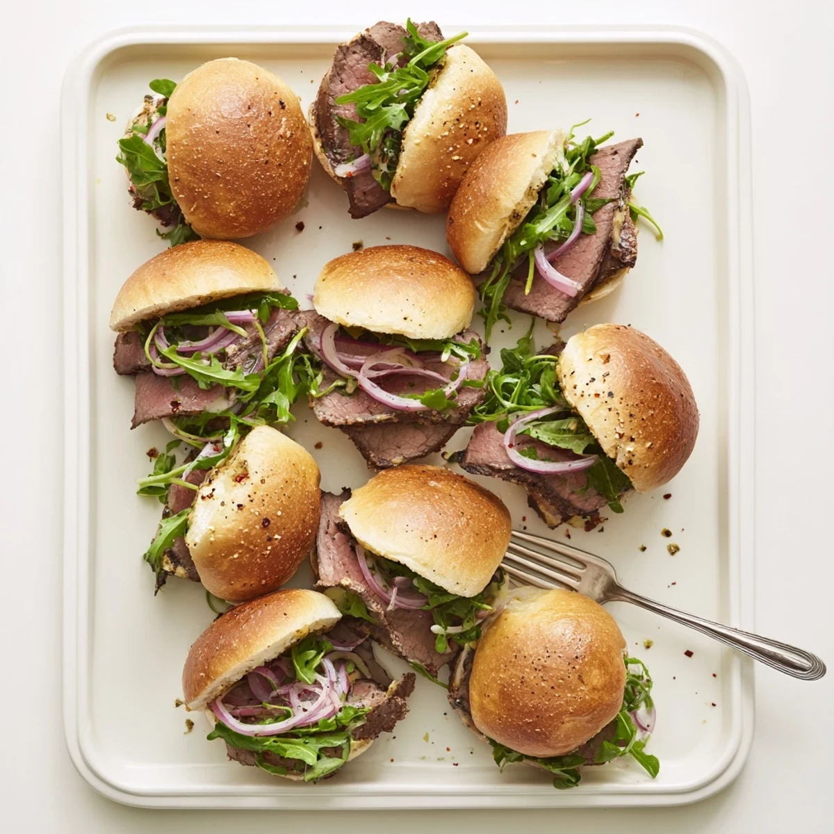 Juicy Cowboy Butter Steak Sliders feature grilled flank steak slices layered on toasted buns with fresh arugula and onions.