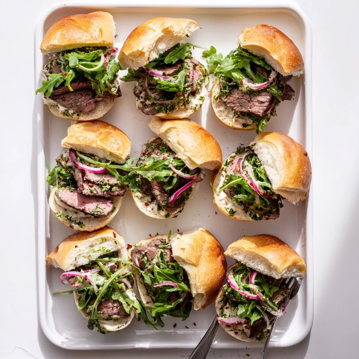 Freshly seared steak rests on soft slider buns spread with zesty herb-packed cowboy butter in this savory meal.