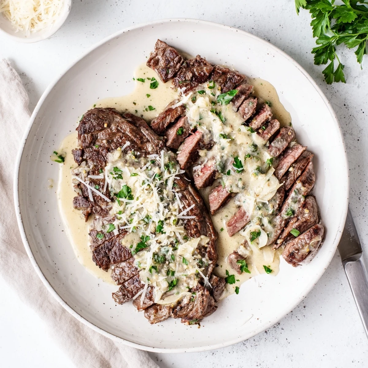 A juicy ribeye steak sliced and smothered in a creamy garlic sauce, garnished with fresh parsley on a rustic plate.
