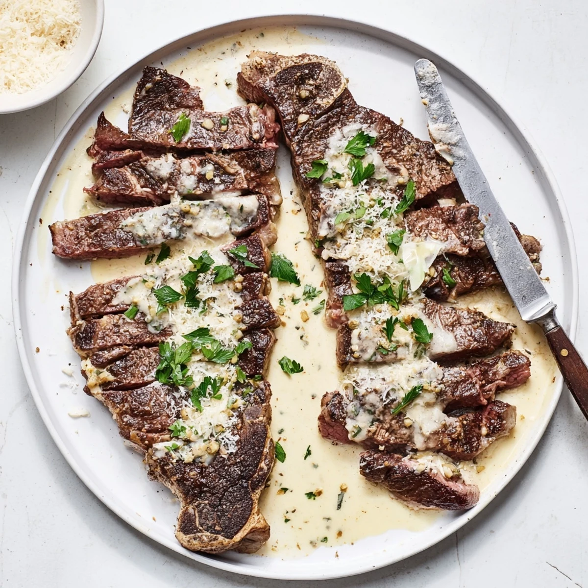 Juicy Steak With Creamy Garlic Sauce is served with roasted potatoes for a cozy weeknight dinner.