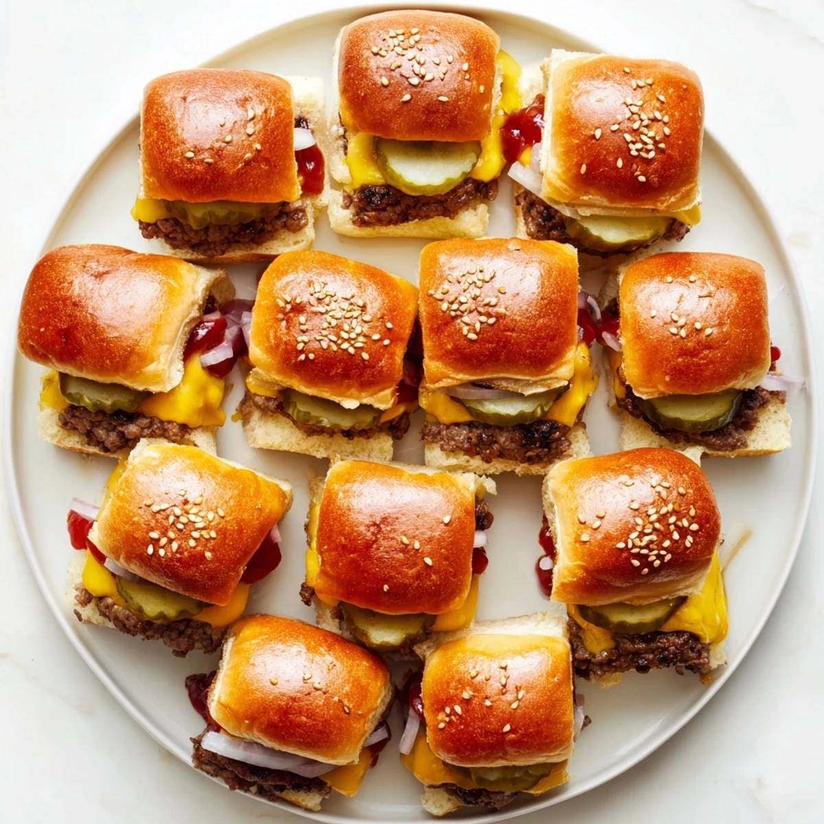 Stack of golden toasted White Trash Sliders with melted American cheese and dill pickles on soft rolls.