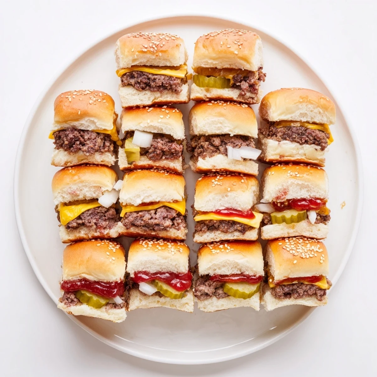 Close-up of juicy beef White Trash Sliders topped with cheese, pickles, and sesame seeds.