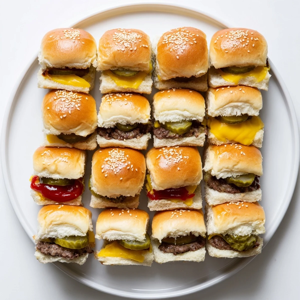 Freshly baked White Trash Sliders arranged on a platter with ketchup and mustard drizzles.