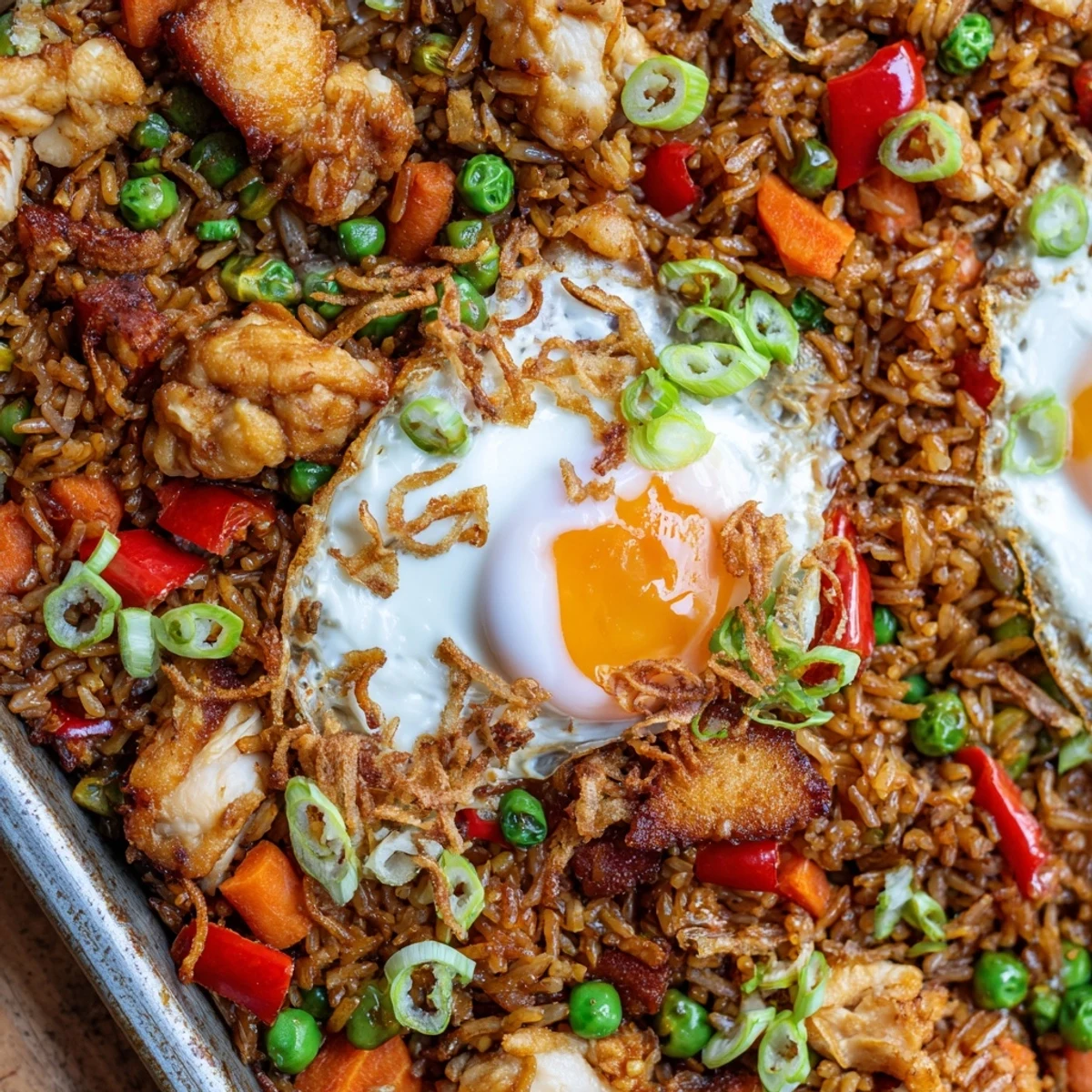 Golden-brown Nasi Goreng Tray Bake with tender chicken, fluffy rice, and vibrant vegetables fresh from the oven.