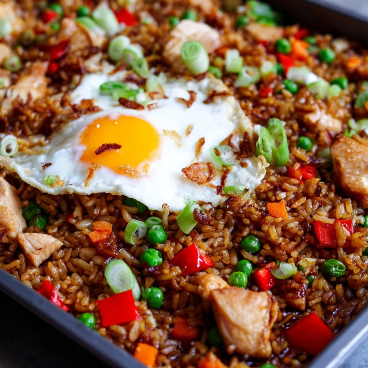 Crackling fried shallots and fresh cilantro top the Nasi Goreng Tray Bake, served with lime wedges for zest.