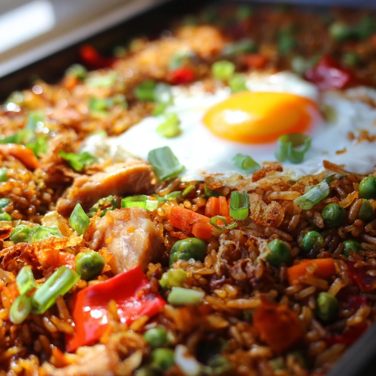 Sizzling Nasi Goreng Tray Bake with a perfectly baked egg nestled in the aromatic Indonesian rice mixture.