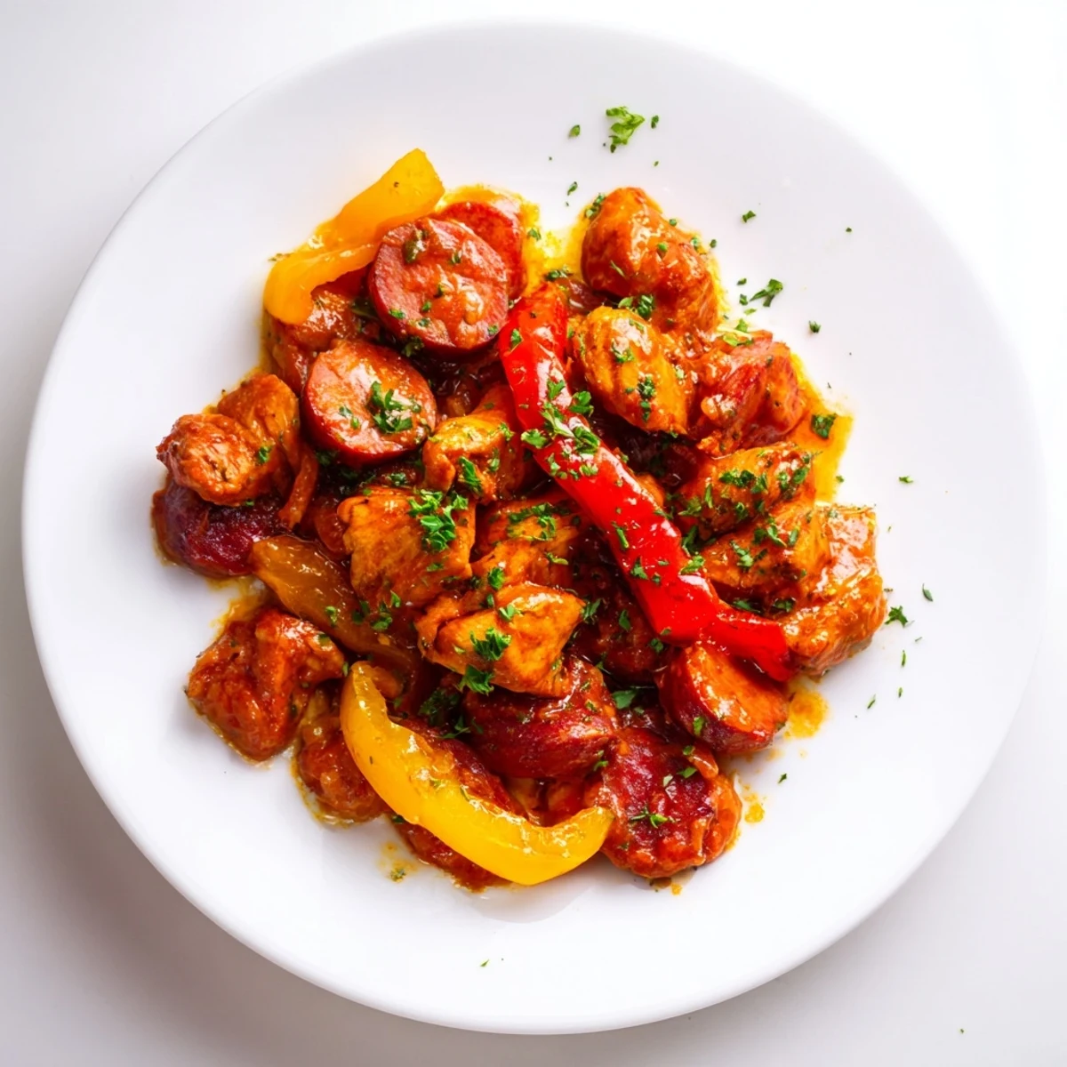 Steaming bowl of Capsicum, Tomato, and Chicken with Chorizo, showcasing tender meat and vibrant vegetables in a rich red sauce.