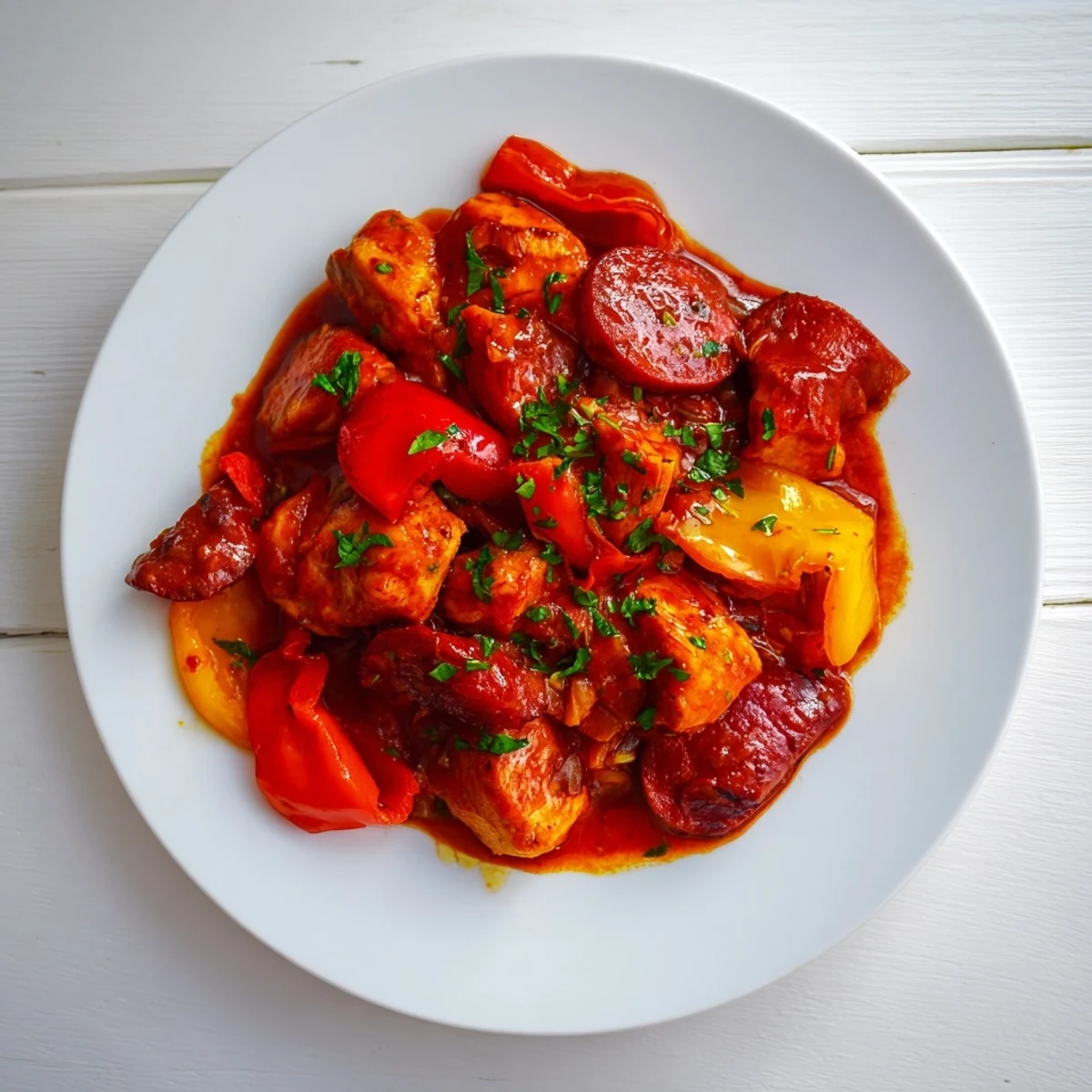 Sizzling one-pan Capsicum, Tomato, and Chicken with Chorizo releasing aromatic smoke, garnished with fresh parsley on a rustic wooden table.