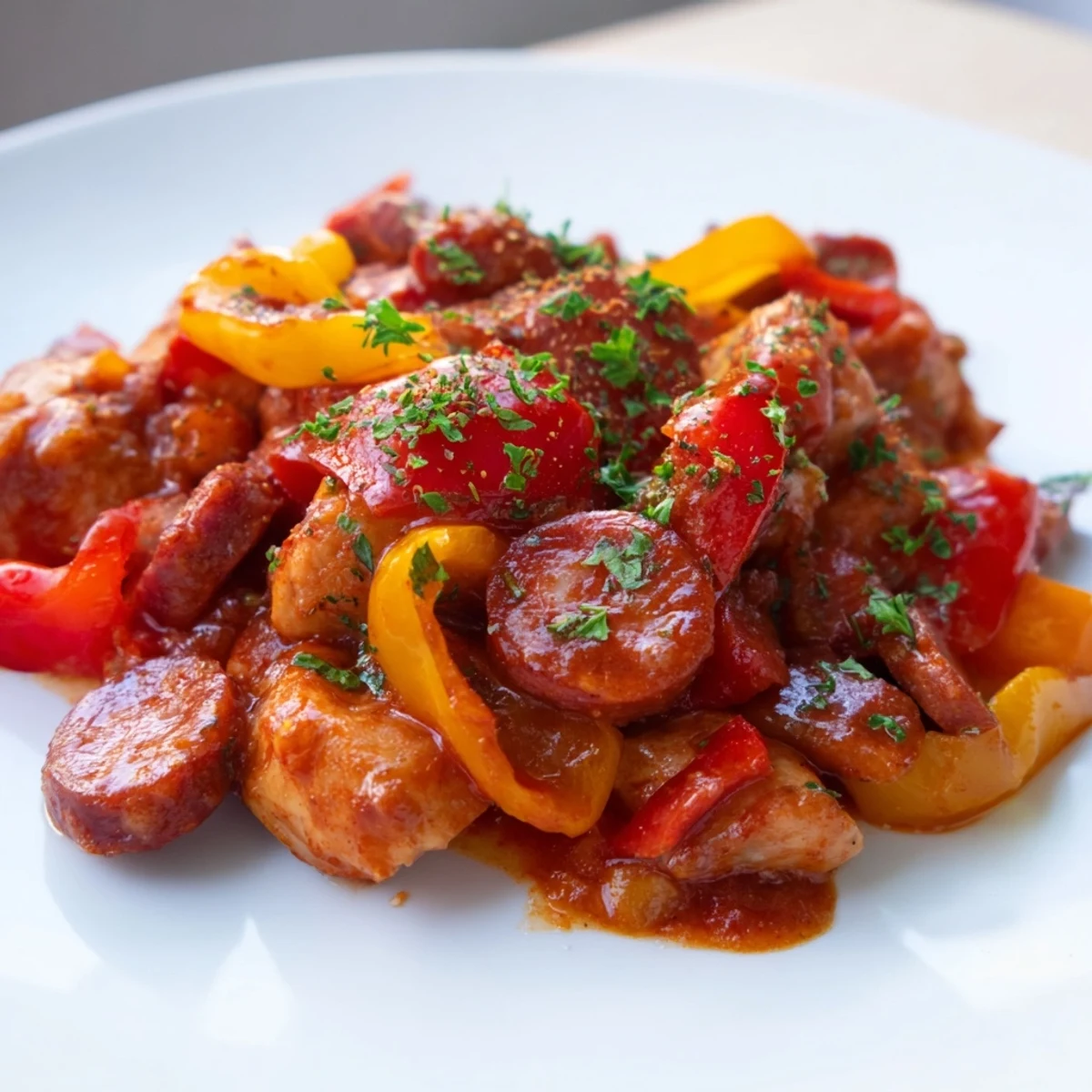 Close-up view of Capsicum, Tomato, and Chicken with Chorizo, featuring juicy chicken chunks and smoky chorizo in a hearty tomato stew.