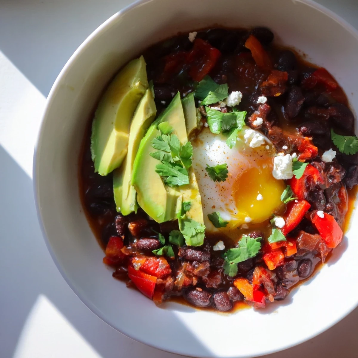 A close-up of Mexican Braised Beans With Soft Boiled Egg, where creamy yolk meets rich spices and fresh lime.