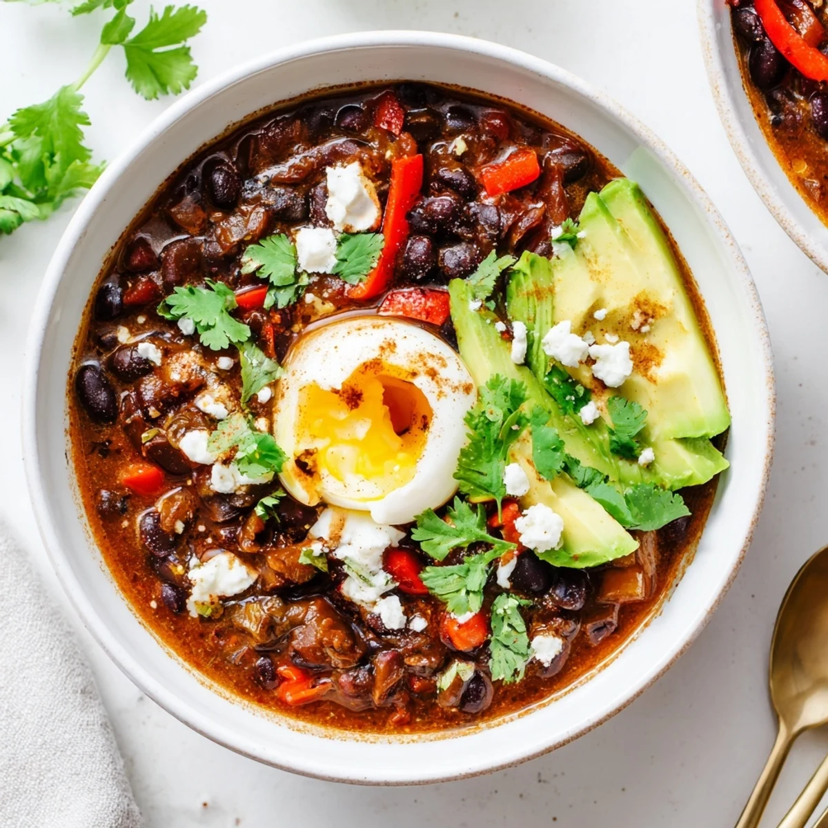 Warm Mexican Braised Beans With Soft Boiled Egg topped with avocado, queso fresco, and cilantro in a rustic bowl.