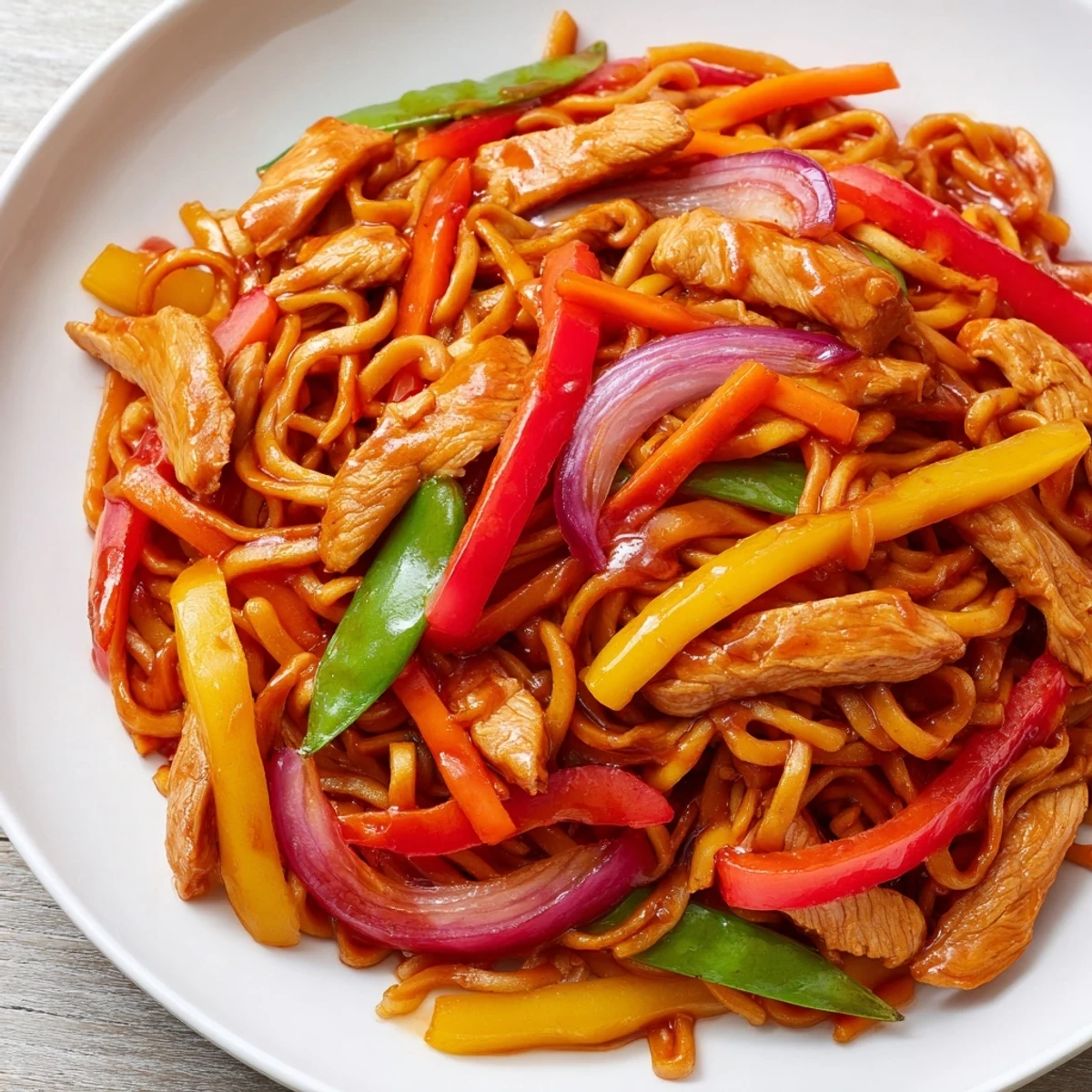 Freshly cooked Sweet Chilli Turkey Noodle Stir Fry steaming in a wok with colorful veggies and noodles.