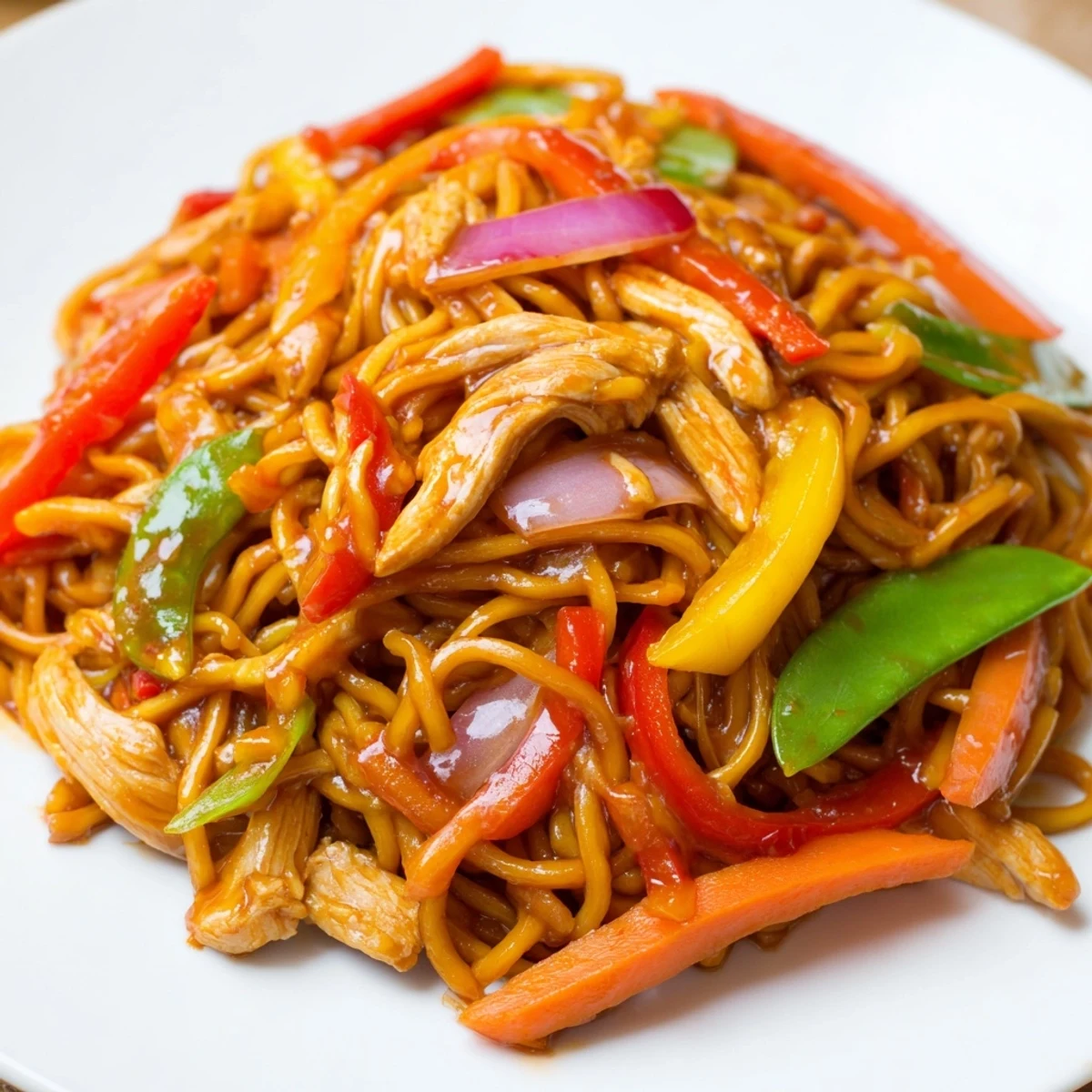 Plate of Sweet Chilli Turkey Noodle Stir Fry with tender turkey, red peppers, and snap peas ready to eat.