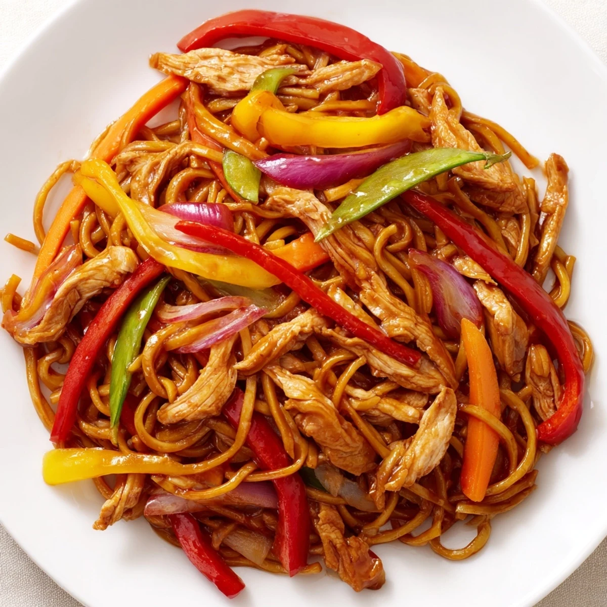 A close-up of Sweet Chilli Turkey Noodle Stir Fry served in a bowl, garnished with sesame seeds and cilantro.
