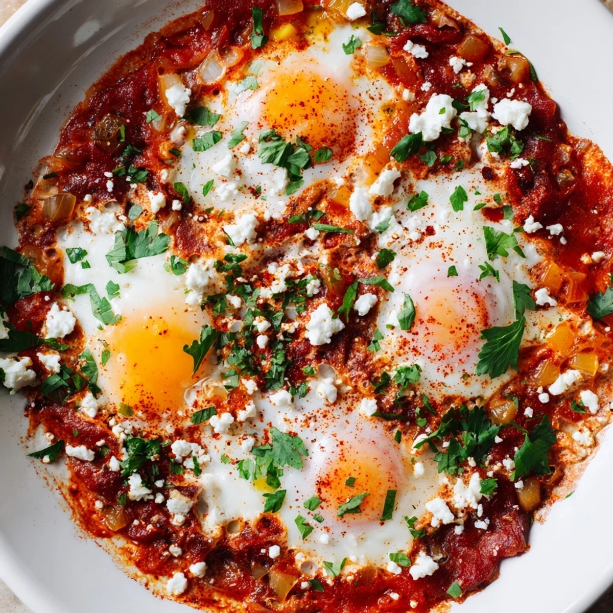 A close-up of Quick Shakshuka eggs with runny yolks in spicy tomato sauce, garnished with feta and herbs.