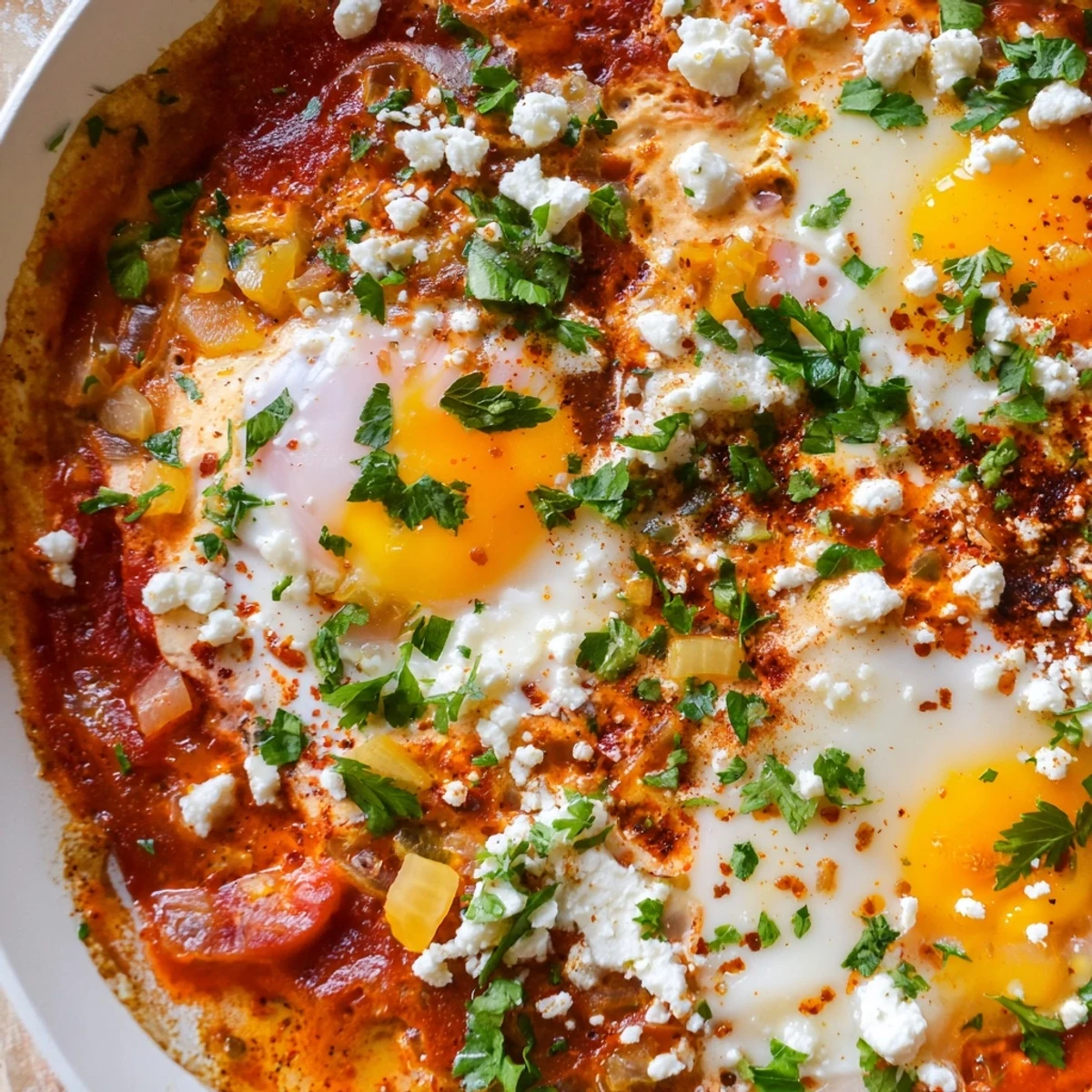 In a rustic skillet, Quick Shakshuka eggs simmer in a vibrant tomato and bell pepper sauce, ready to serve.