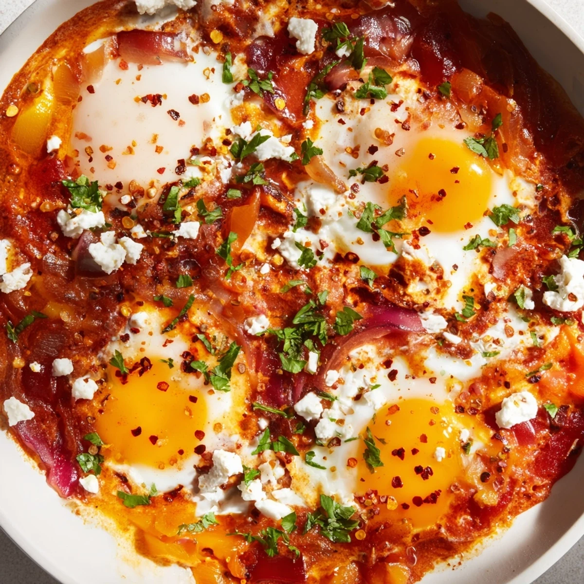 Fresh parsley and crumbled feta top Quick Shakshuka eggs, perfect for scooping with crusty bread.