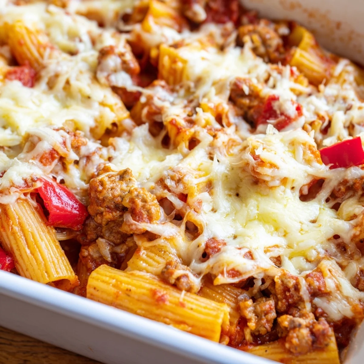 Golden melted mozzarella and Parmesan top this Quick Sausage Pasta Bake, baked until bubbly and served in a dish.