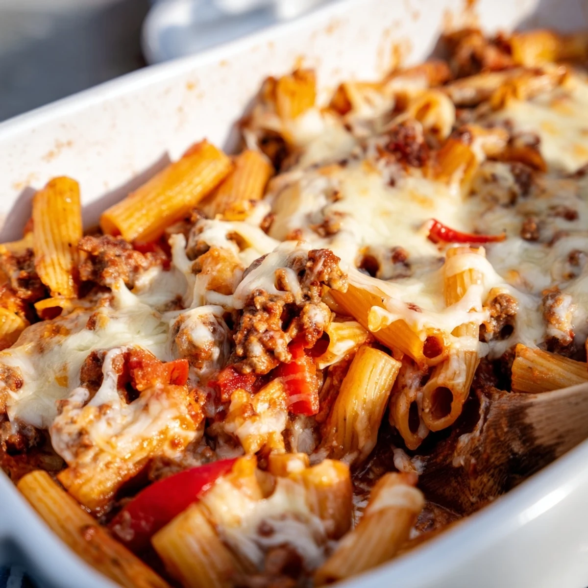 Fork-ready Quick Sausage Pasta Bake with sausages, red bell pepper, and onion nestled in a rich tomato sauce.