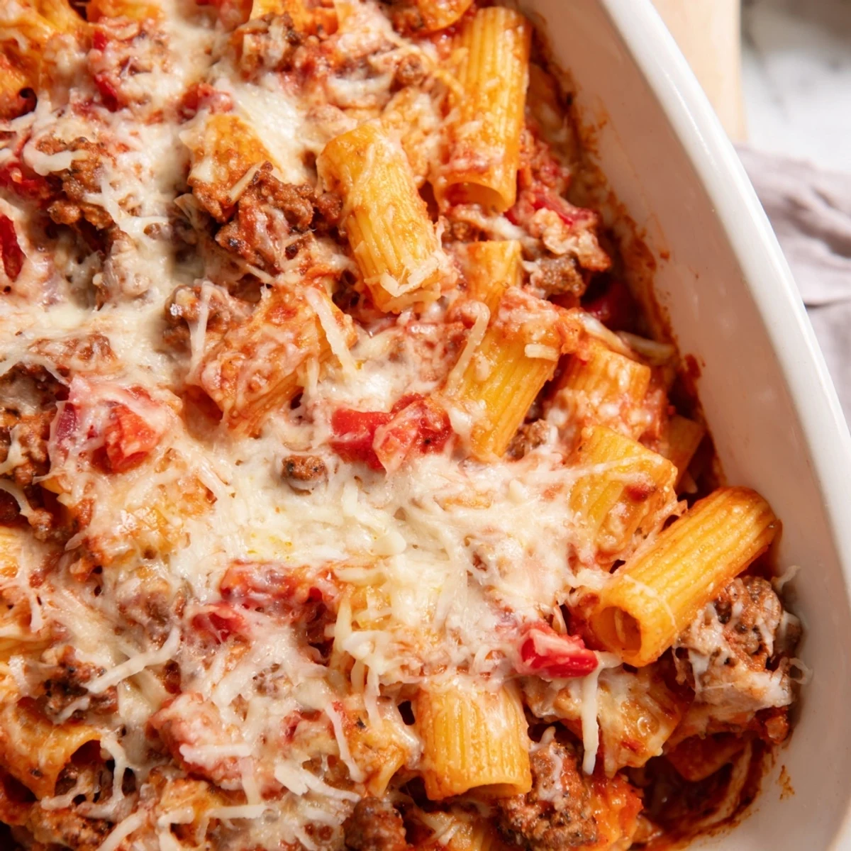 Family-style Quick Sausage Pasta Bake garnished with fresh basil on a white serving dish, perfect for a weeknight dinner.