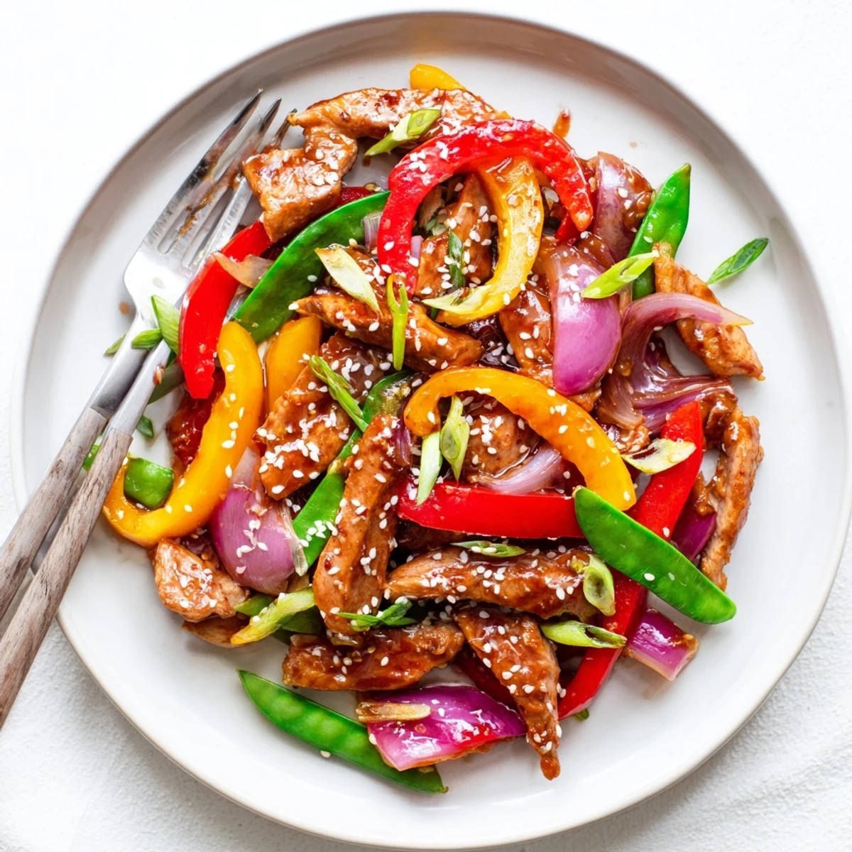 Steam rises from a colorful plate of Quick Sweet Chilli Chicken Stir Fry, featuring vibrant bell peppers and onions paired with fluffy jasmine rice.