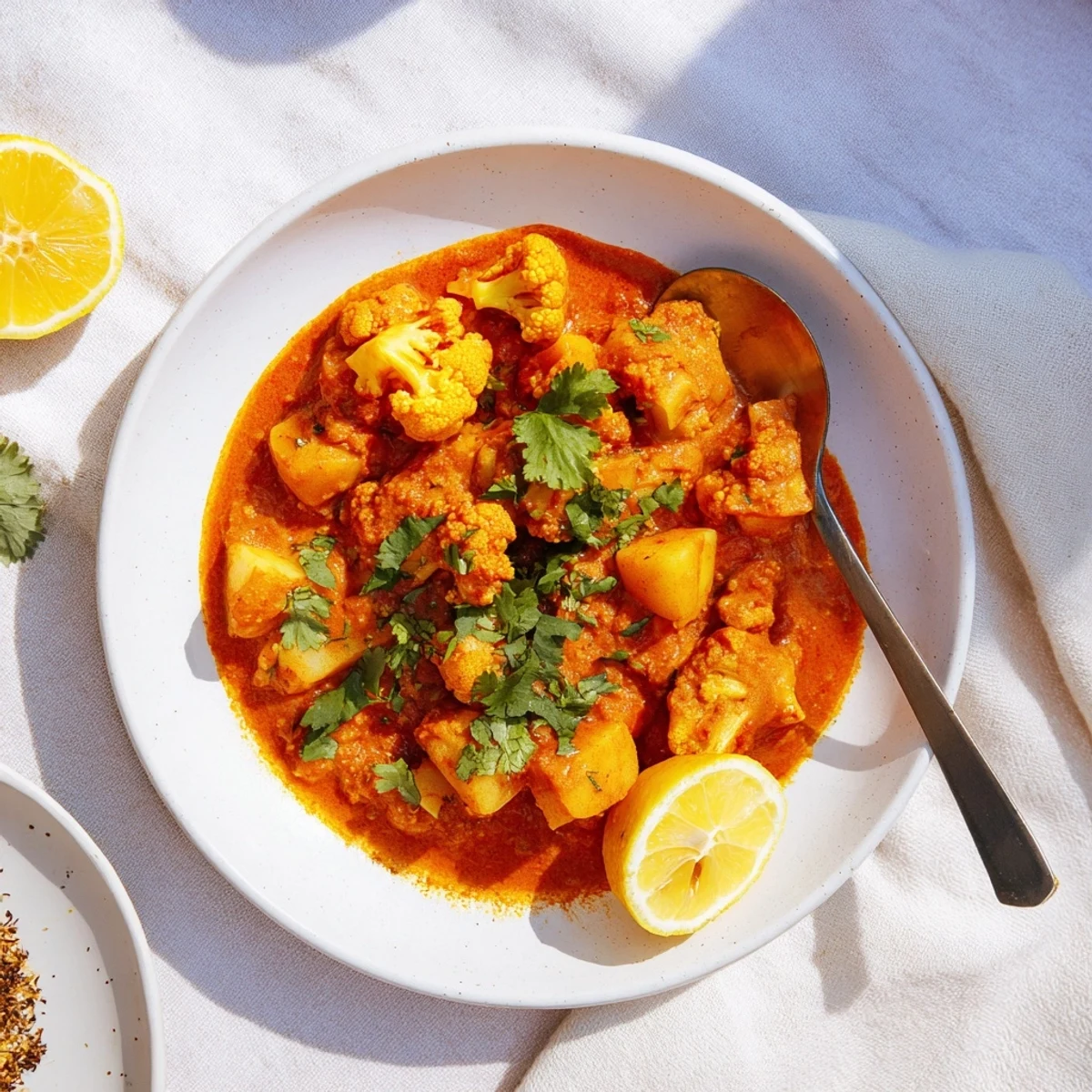 Fragrant Indian spices and buttery tomato sauce simmer around tender potatoes and cauliflower in this comforting dish.