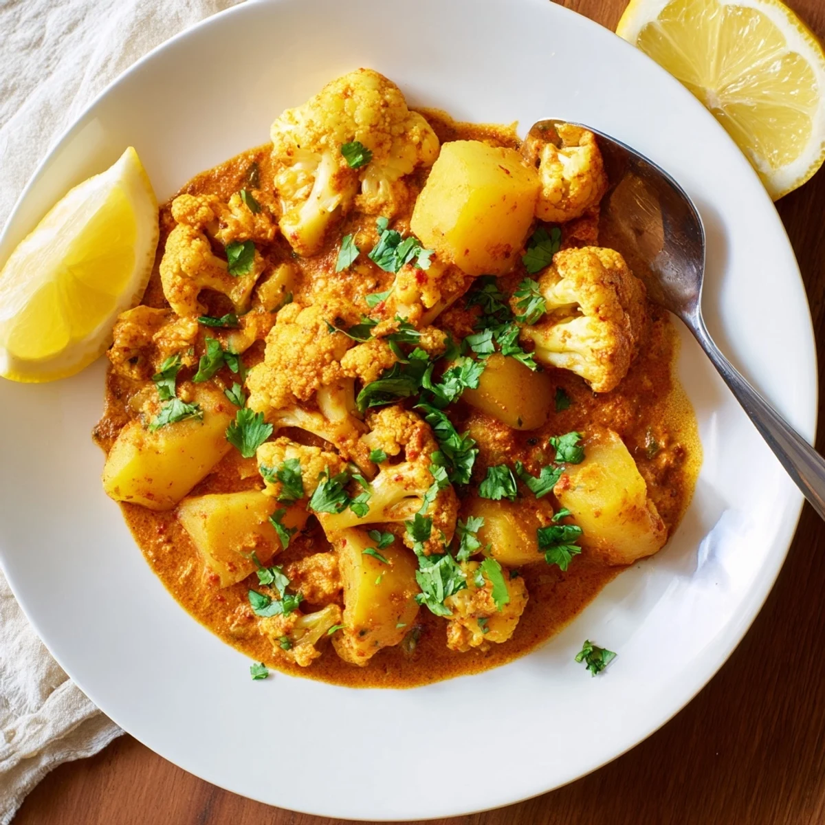 Steamed cauliflower and cubed potatoes coated in a creamy, spiced tomato sauce for Indian Butter Spiced Potatoes and Cauliflower.