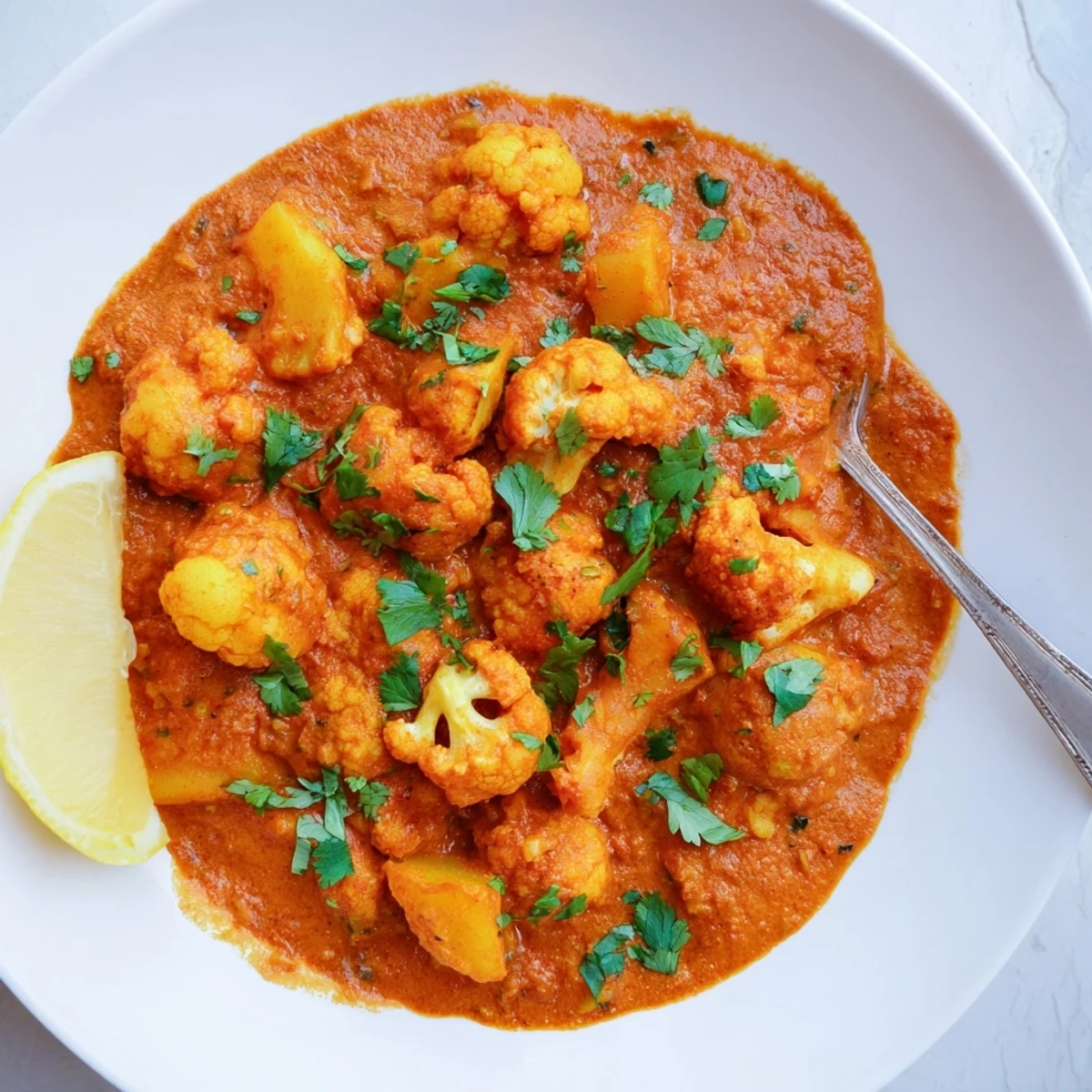 Garnished with fresh cilantro, Indian Butter Spiced Potatoes and Cauliflower pairs perfectly with fluffy basmati rice or naan.