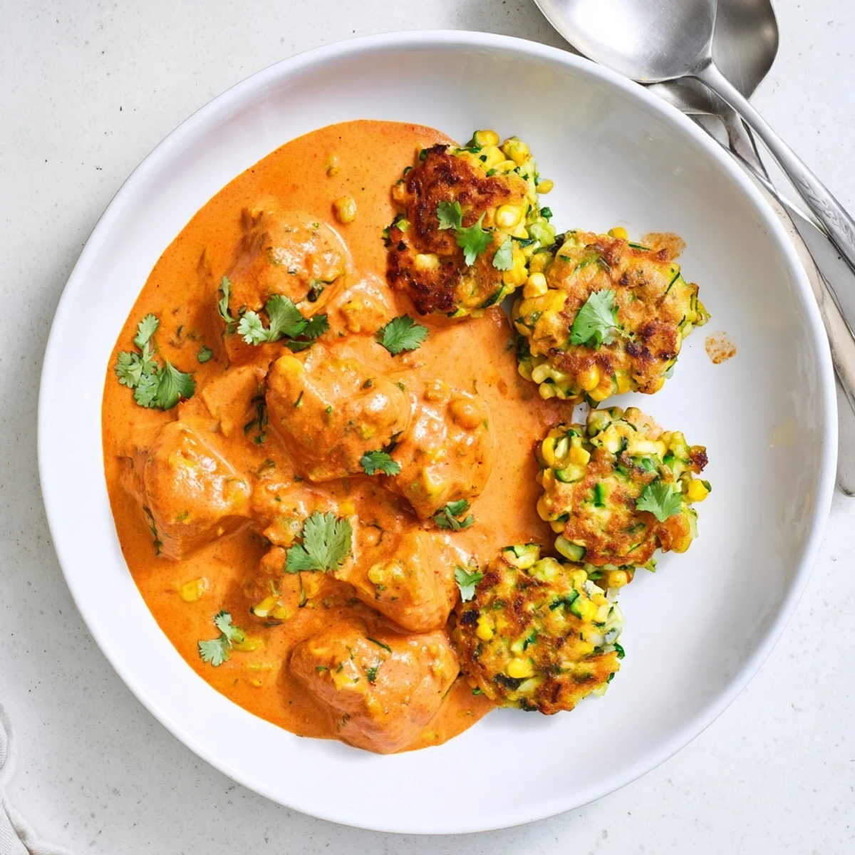 Creamy butter chicken and vegetable fritters served hot with golden crispy edges and fresh cilantro garnish.