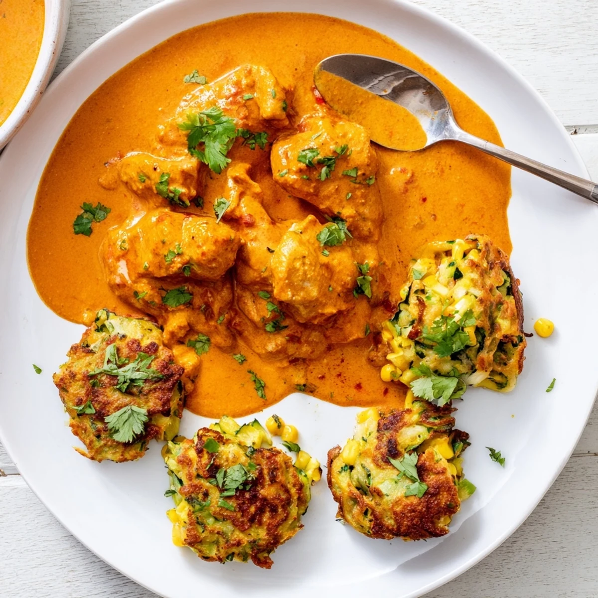 Juicy spiced butter chicken paired with crunchy veggie fritters, perfect for a cozy weeknight meal.