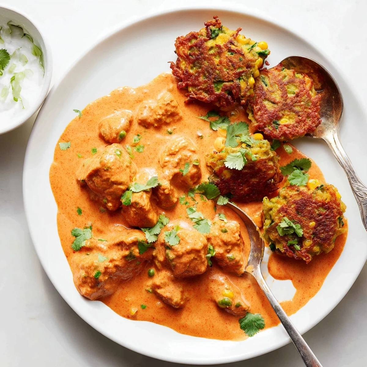 Butter chicken and vegetable fritters plated beside fluffy rice for a comforting Indian-inspired family dinner.