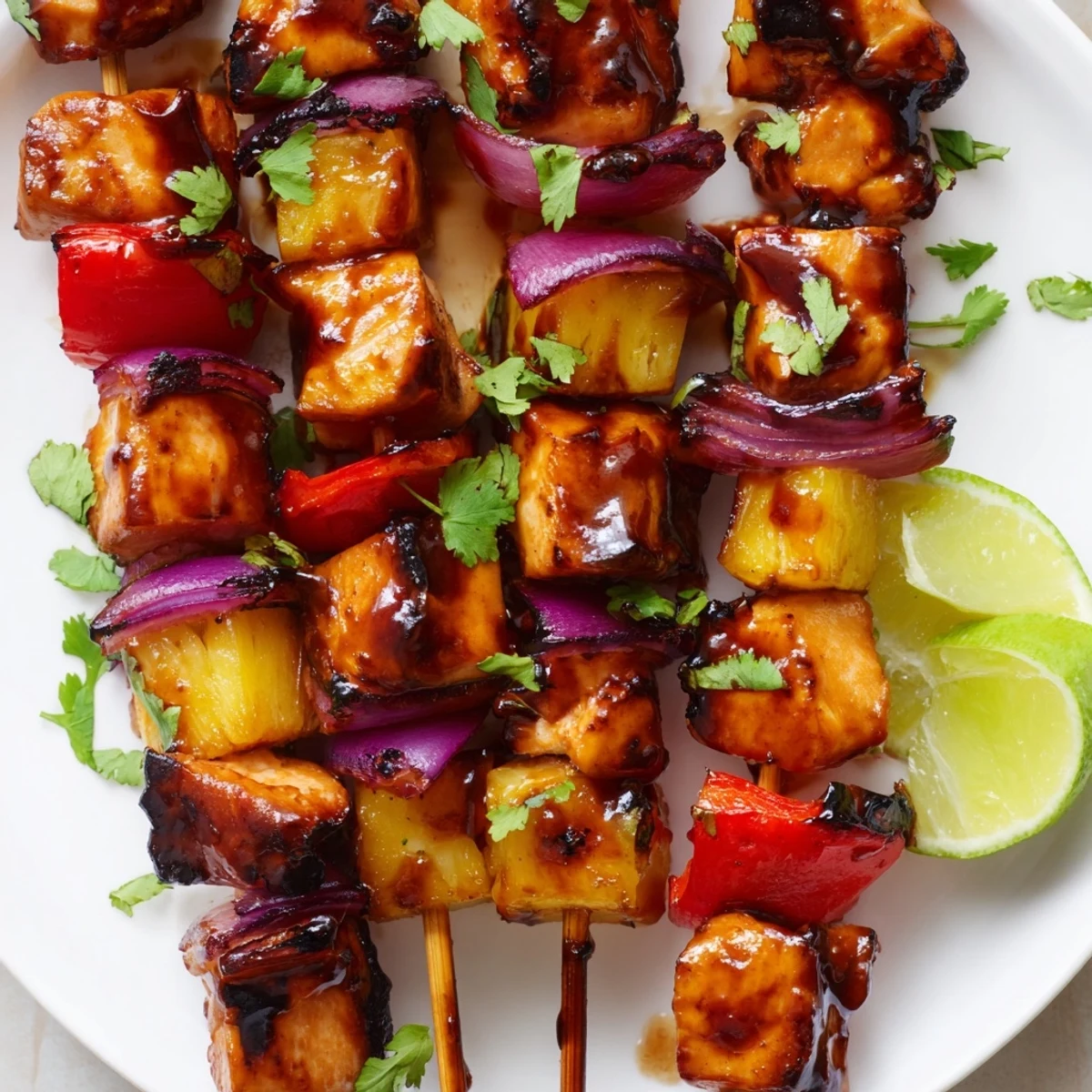 Glossy barbecue-glazed chicken and pineapple kebabs on a plate with fresh cilantro and lime wedges for serving.