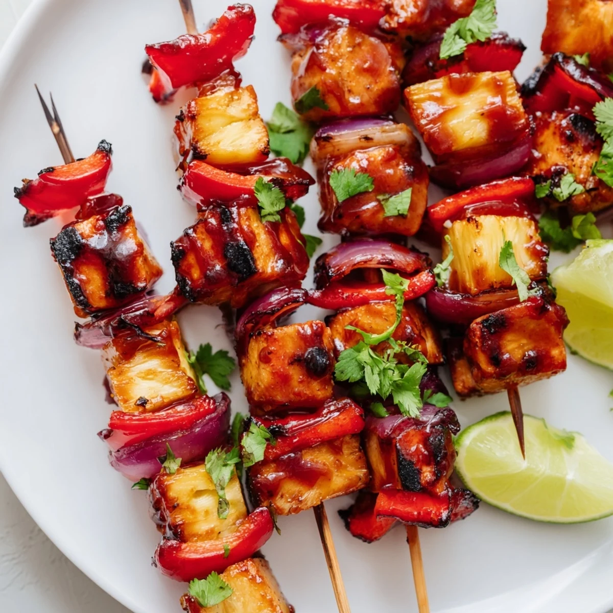 Skewers of chicken and pineapple with red bell peppers and onion, served hot off the grill for summer gatherings.